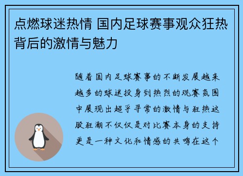 点燃球迷热情 国内足球赛事观众狂热背后的激情与魅力