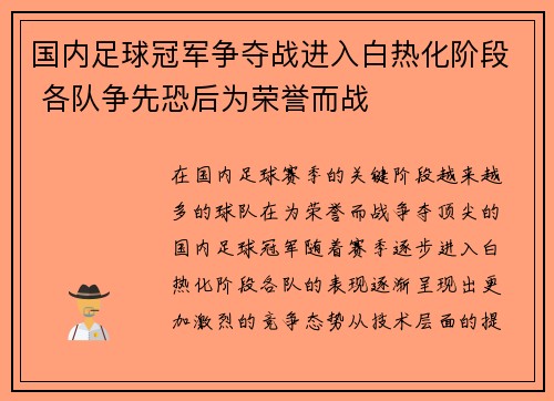 国内足球冠军争夺战进入白热化阶段 各队争先恐后为荣誉而战