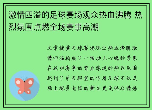 激情四溢的足球赛场观众热血沸腾 热烈氛围点燃全场赛事高潮